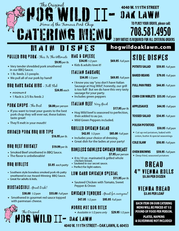 Catering Menu Hog Wild Oak Lawn