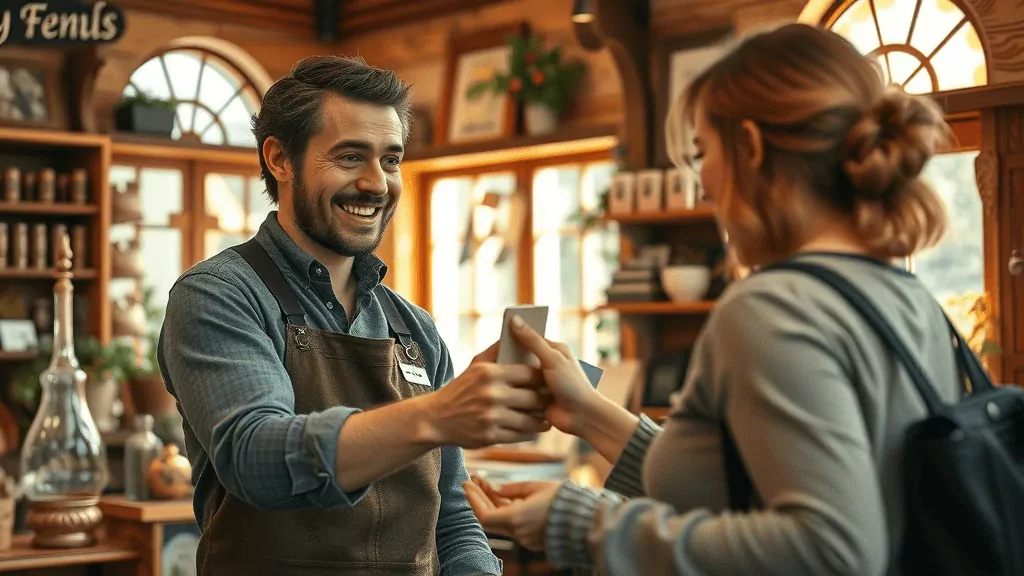 empathic shopkeeper friendly smile handing purchase to excited customer unique local store environment mortar store advantage over online retailers