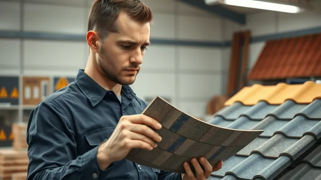 Langley roofing contractor examining asphalt shingles, metal panels, and flat roofing membranes in a workshop