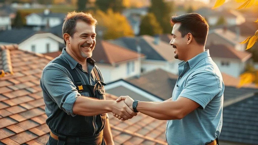 Satisfied Langley customer shaking hands with roofing contractor by restored roof in golden sunlight
