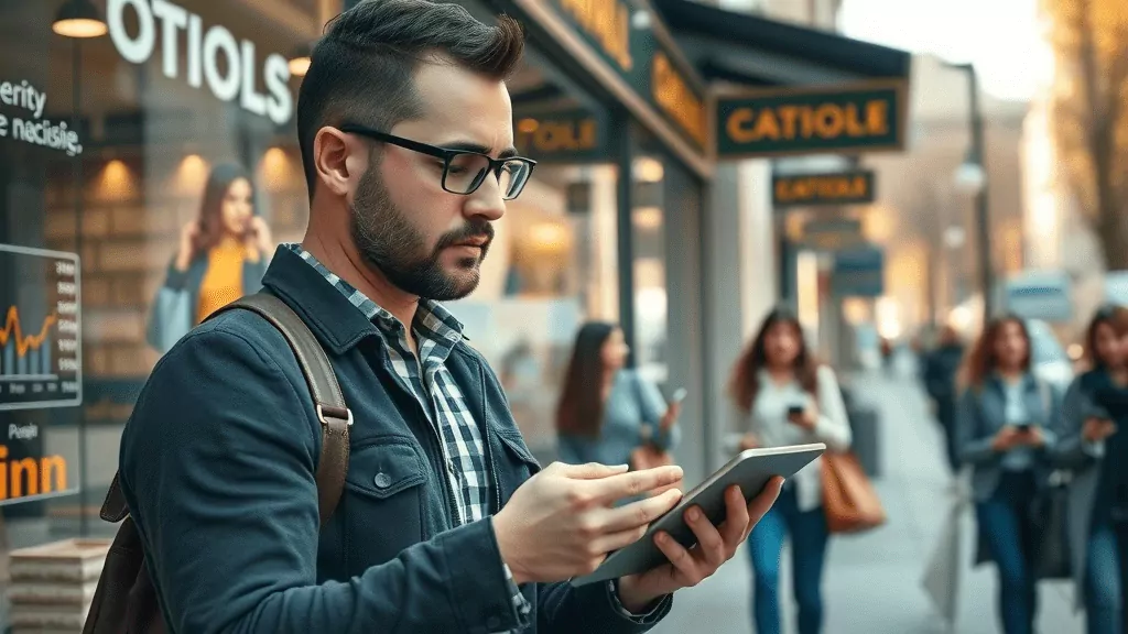 dynamic retail landscape thoughtful small business owner analyzing digital sales data on a tablet bustling storefront with digital overlay graphics amazon-proof how to compete with online retailers